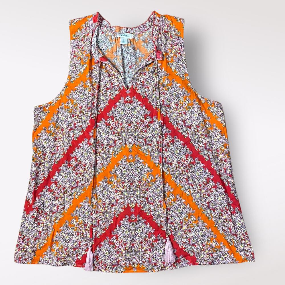 Sundance Red Orange Sleeveless Tasseled‎ Boho Paisley V-Neck Top Size L casual